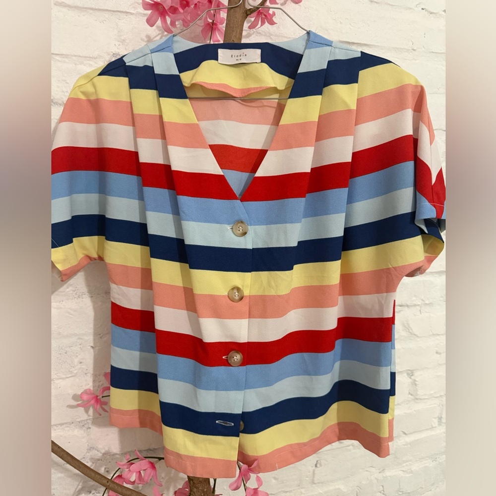 Colorblock Stripe Button-Front Top in Red, Blue, Yellow, Pink